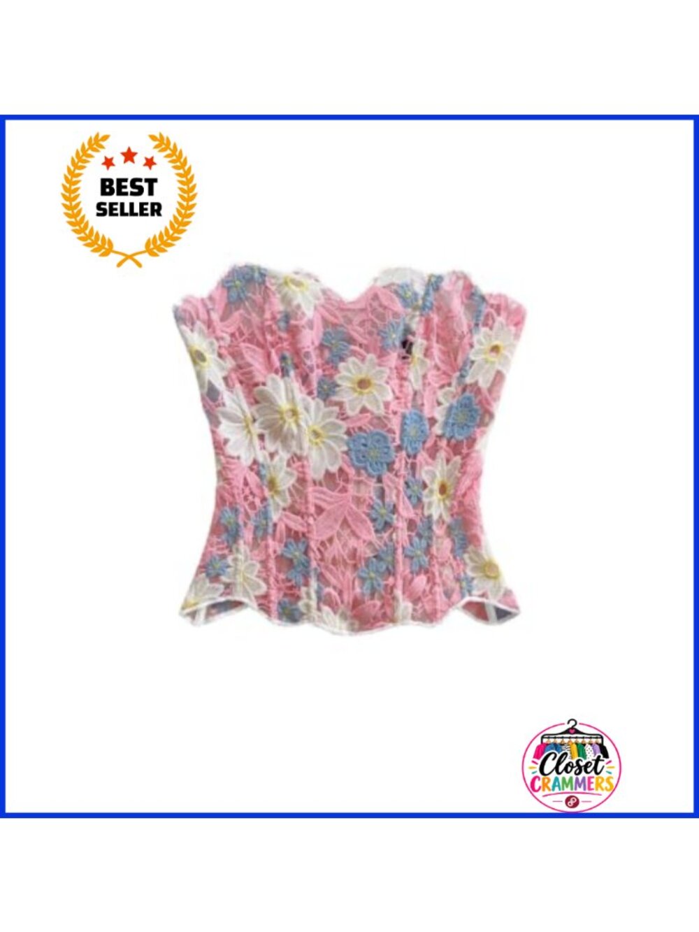 Floral Embroidered Corset Bustier Strapless Lace Up Mesh Tube Top
